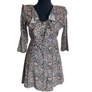 VTG Floral Peter Pan Neck Mini Dress 1/2 Sleeve Secretary Ruffles Women's S USA